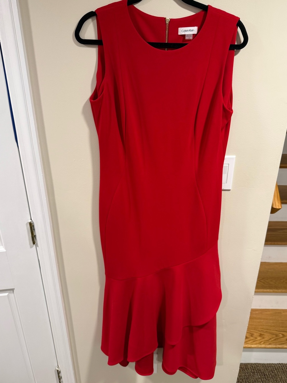 Calvin Klein Dress Red Sz 12  Sleeveless Low High Ruffle Pattern NWT